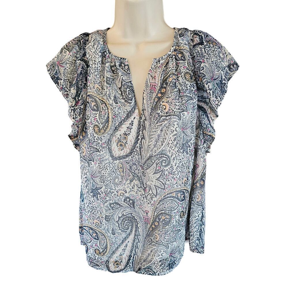 Lucky brand chiffon layered paisley hook vintage neck relaxed boho blouse top M